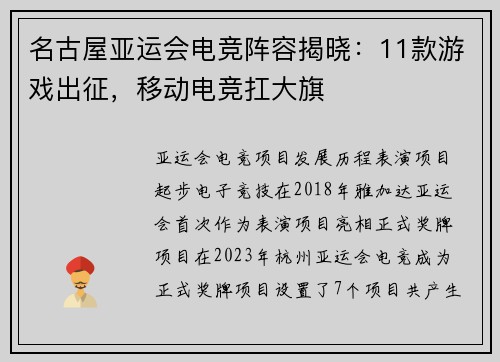 名古屋亚运会电竞阵容揭晓：11款游戏出征，移动电竞扛大旗